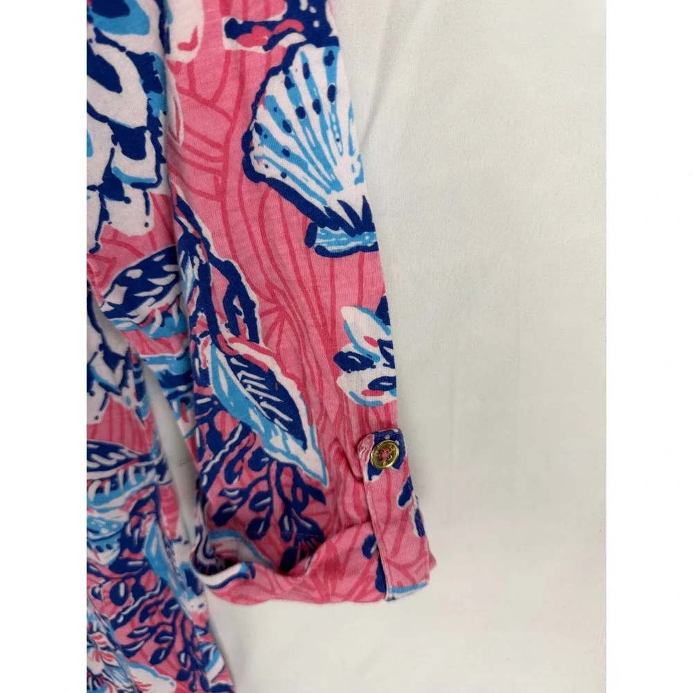 Caribbean Joe Womens Pink Blue Floral Seashell Sharkbite Hem 3/4 Sleeve dress  S